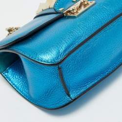 Pre Owned Valentino Metallic Blue Leather Small Rockstud Glam Lock Flap Bag