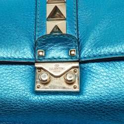 Pre Owned Valentino Metallic Blue Leather Small Rockstud Glam Lock Flap Bag