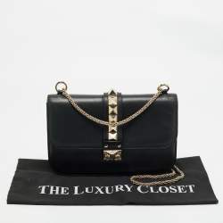 Pre Owned Valentino Black Leather Medium Rockstud Glam Lock Shoulder Bag