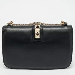Pre Owned Valentino Black Leather Medium Rockstud Glam Lock Shoulder Bag