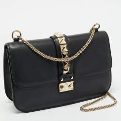 Pre Owned Valentino Black Leather Medium Rockstud Glam Lock Shoulder Bag