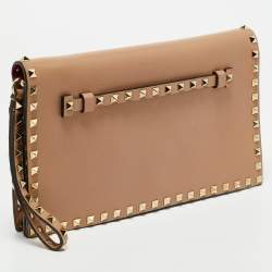 Valentino Beige Leather Rockstud Flap Wristlet Clutch