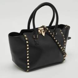Valentino Black Leather Small Rockstud Trapeze Tote