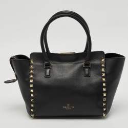 Valentino Black Leather Small Rockstud Trapeze Tote