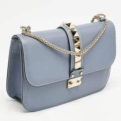 Pre Owned Valentino Light Blue Leather Medium Glam Lock Chain Shoulder Bag