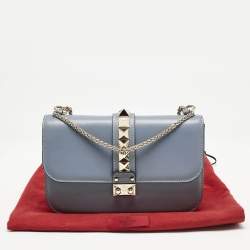 Pre Owned Valentino Light Blue Leather Medium Glam Lock Chain Shoulder Bag