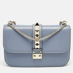 Pre Owned Valentino Light Blue Leather Medium Glam Lock Chain Shoulder Bag