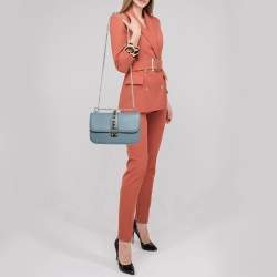Pre Owned Valentino Light Blue Leather Medium Glam Lock Chain Shoulder Bag