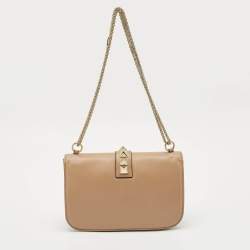 Valentino Beige Leather Medium Rockstud Glam Lock Shoulder Bag