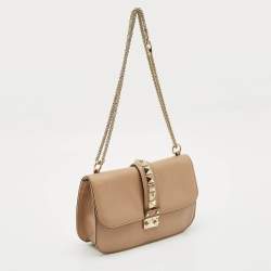 Valentino Beige Leather Medium Rockstud Glam Lock Shoulder Bag