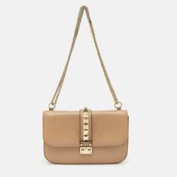 Valentino Beige Leather Medium Rockstud Glam Lock Shoulder Bag