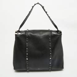 Valentino Black Leather Medium My Rockstud Rolling Top Handle Bag
