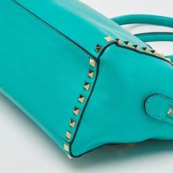 Pre Owned Valentino Turquoise Blue Leather Medium Rockstud Trapeze Tote