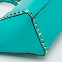 Pre Owned Valentino Turquoise Blue Leather Medium Rockstud Trapeze Tote