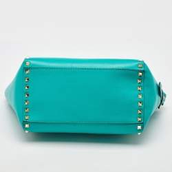 Pre Owned Valentino Turquoise Blue Leather Medium Rockstud Trapeze Tote