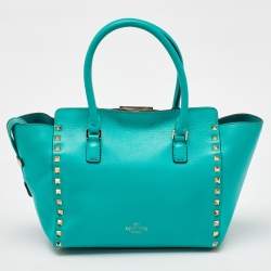 Pre Owned Valentino Turquoise Blue Leather Medium Rockstud Trapeze Tote