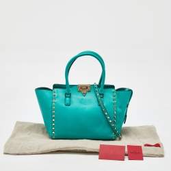 Pre Owned Valentino Turquoise Blue Leather Medium Rockstud Trapeze Tote