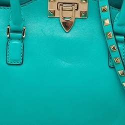 Pre Owned Valentino Turquoise Blue Leather Medium Rockstud Trapeze Tote