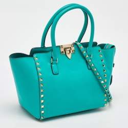 Pre Owned Valentino Turquoise Blue Leather Medium Rockstud Trapeze Tote