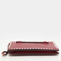Pre Owned Valentino Burgundy Leather Rockstud Flap Wristlet Clutch