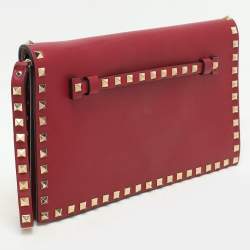Pre Owned Valentino Burgundy Leather Rockstud Flap Wristlet Clutch