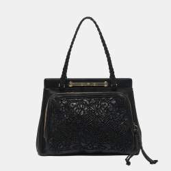 Pre Owned Valentino Black Leather and Beaded Lace Demetra Tote