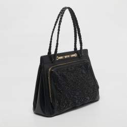 Pre Owned Valentino Black Leather and Beaded Lace Demetra Tote