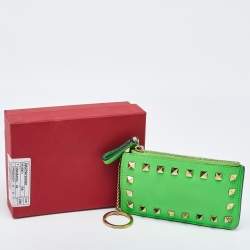 Pre Owned Valentino Neon Green Leather Rockstud Keychain Card Holder
