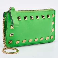 Pre Owned Valentino Neon Green Leather Rockstud Keychain Card Holder