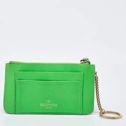 Pre Owned Valentino Neon Green Leather Rockstud Keychain Card Holder