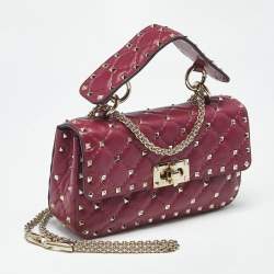 Pre Owned حقيبة كتف فالنتينو سلسلة سبايك روكستد صغير جلد لامعة مبطنة خضراء