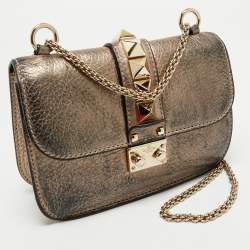 Pre Owned Valentino Gold Leather Small Rockstud Glam Lock Flap Bag