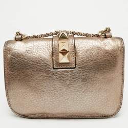 Pre Owned Valentino Gold Leather Small Rockstud Glam Lock Flap Bag