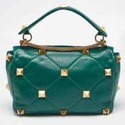 Pre Owned Valentino Green Leather Large Roman Stud Flap Shoulder Bag