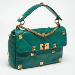 Pre Owned Valentino Green Leather Large Roman Stud Flap Shoulder Bag