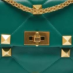 Pre Owned Valentino Green Leather Large Roman Stud Flap Shoulder Bag