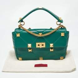 Pre Owned Valentino Green Leather Large Roman Stud Flap Shoulder Bag