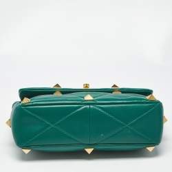 Pre Owned Valentino Green Leather Large Roman Stud Flap Shoulder Bag
