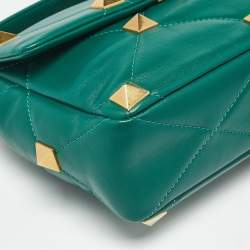 Pre Owned Valentino Green Leather Large Roman Stud Flap Shoulder Bag