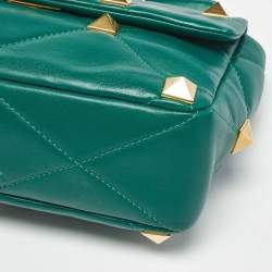 Pre Owned Valentino Green Leather Large Roman Stud Flap Shoulder Bag