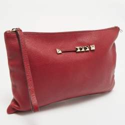 Pre Owned Valentino Red Leather Zip Wristlet Clutch
