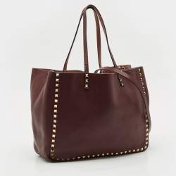 Pre Owned Valentino Burgundy/Beige Leather Rockstud Reversible Tote