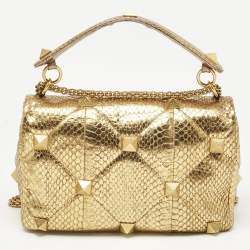 Pre Owned Valentino Gold Watersnake Leather Roman Stud Top Handle Bag