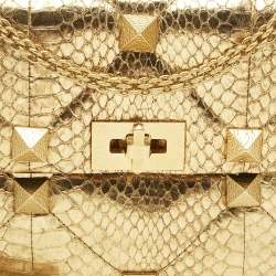 Pre Owned Valentino Gold Watersnake Leather Roman Stud Top Handle Bag