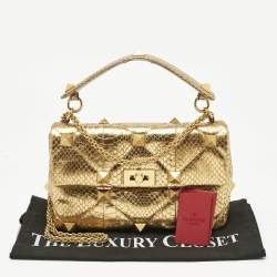Pre Owned Valentino Gold Watersnake Leather Roman Stud Top Handle Bag
