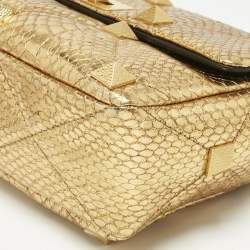 Pre Owned Valentino Gold Watersnake Leather Roman Stud Top Handle Bag