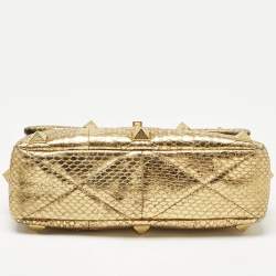 Pre Owned Valentino Gold Watersnake Leather Roman Stud Top Handle Bag
