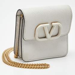 Pre Owned Valentino White Leather VLogo Compact Wallet On Chain