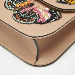 Pre Owned Valentino Beige Leather Large Beaded Butterfly Glam Lock Flap Bag