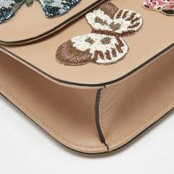Pre Owned Valentino Beige Leather Large Beaded Butterfly Glam Lock Flap Bag